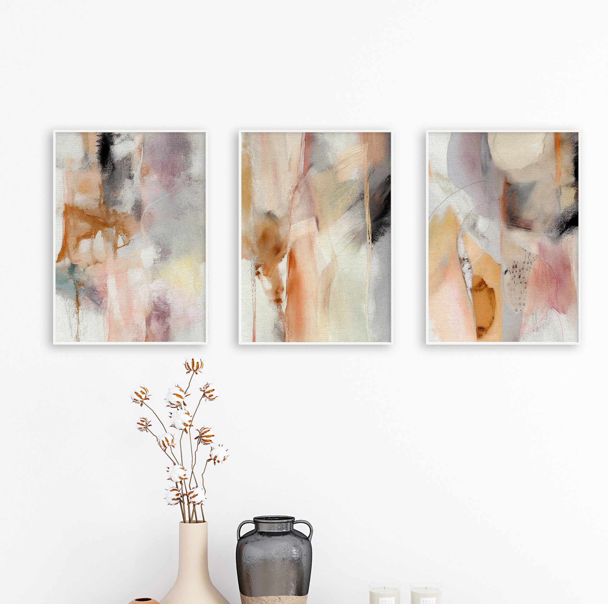 Soft pastel abstract prints in a set of 3 for Scandinavian-inspired home decoration.

