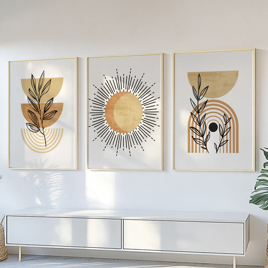 Terracotta Beige Boho Wall Art Set of 3 Prints – Mid Century Modern Posters, Neutral Above Bed Art, Large Gallery Wall Set