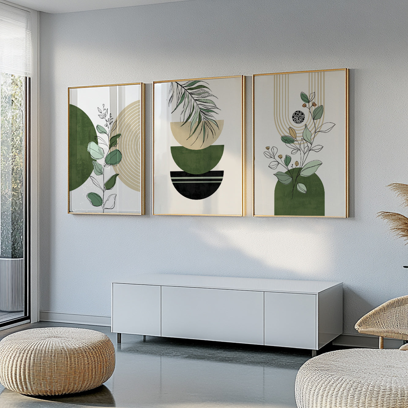 Terracotta green bedroom wall art set of three prints in modern bohemian style.
