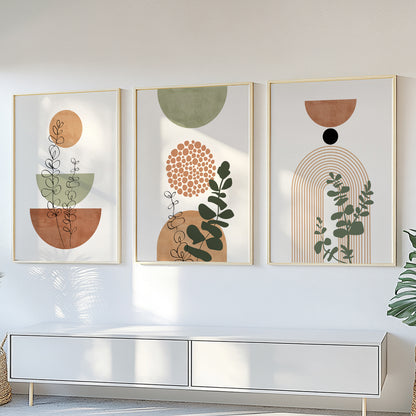 Terracotta green boho wall art set of 3 – mid century modern neutral prints for living room or above bed decor.
