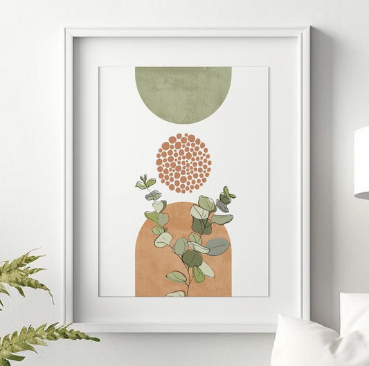 Terracotta and green boho wall art print with pastel botanical design for mid-century modern decor.