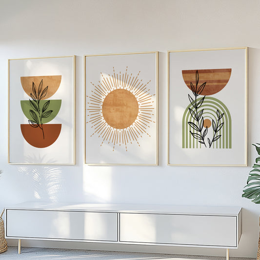 Terracotta Green Boho Gallery Wall Set of 3 – Mid Century Modern Neutral Gallery Wall Set, Bohemian Living Room Decor