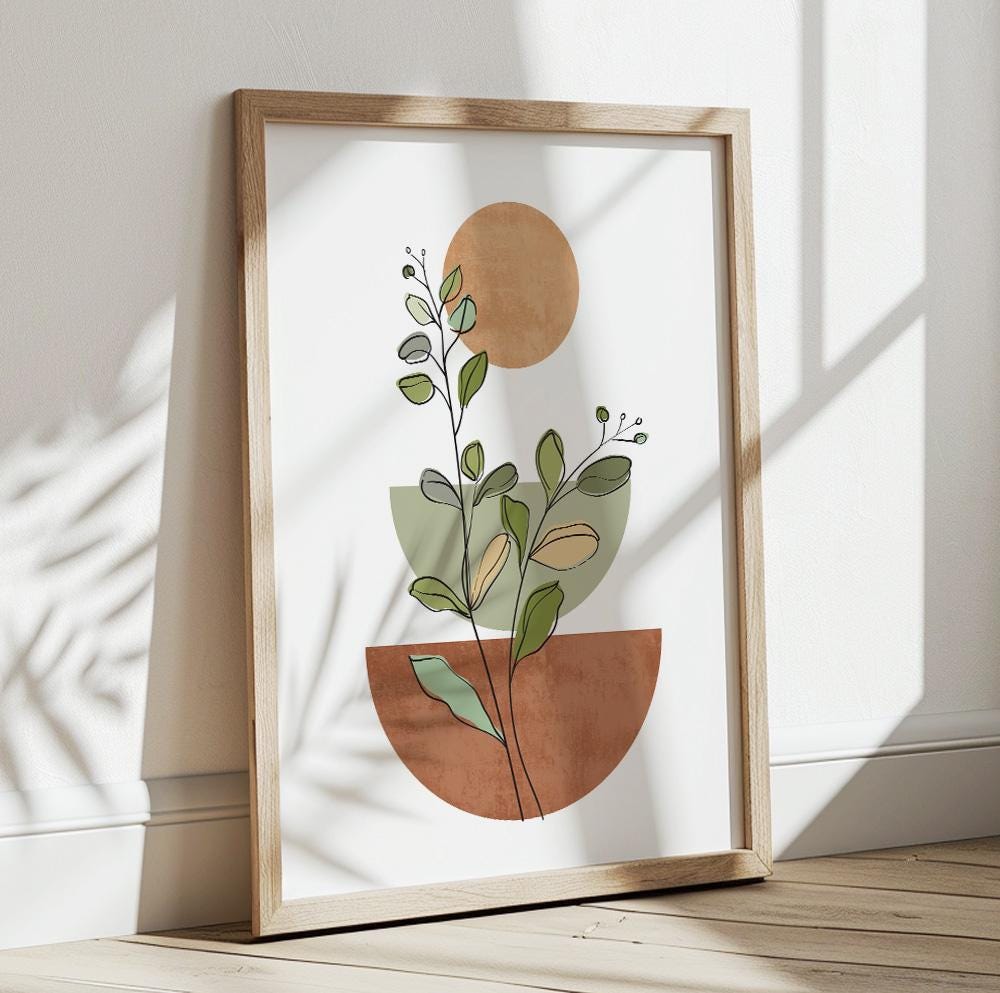 Terracotta and green botanical wall print with pastel tones for stylish room decor.