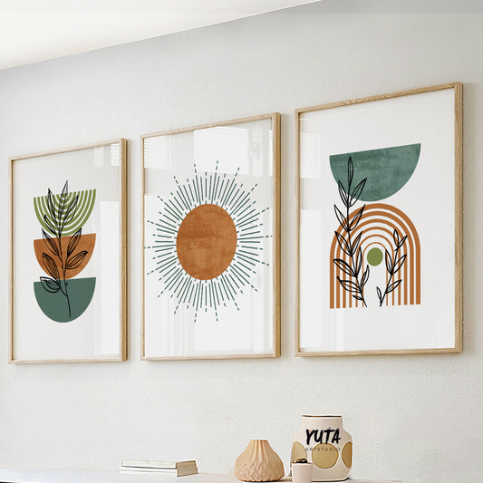 Set of 3 terracotta and green abstract wall prints with botanical and rainbow designs
