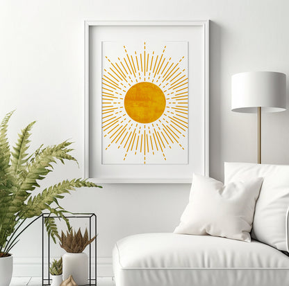 Trendy boho mid-century art set featuring blue and mustard large gallery prints.