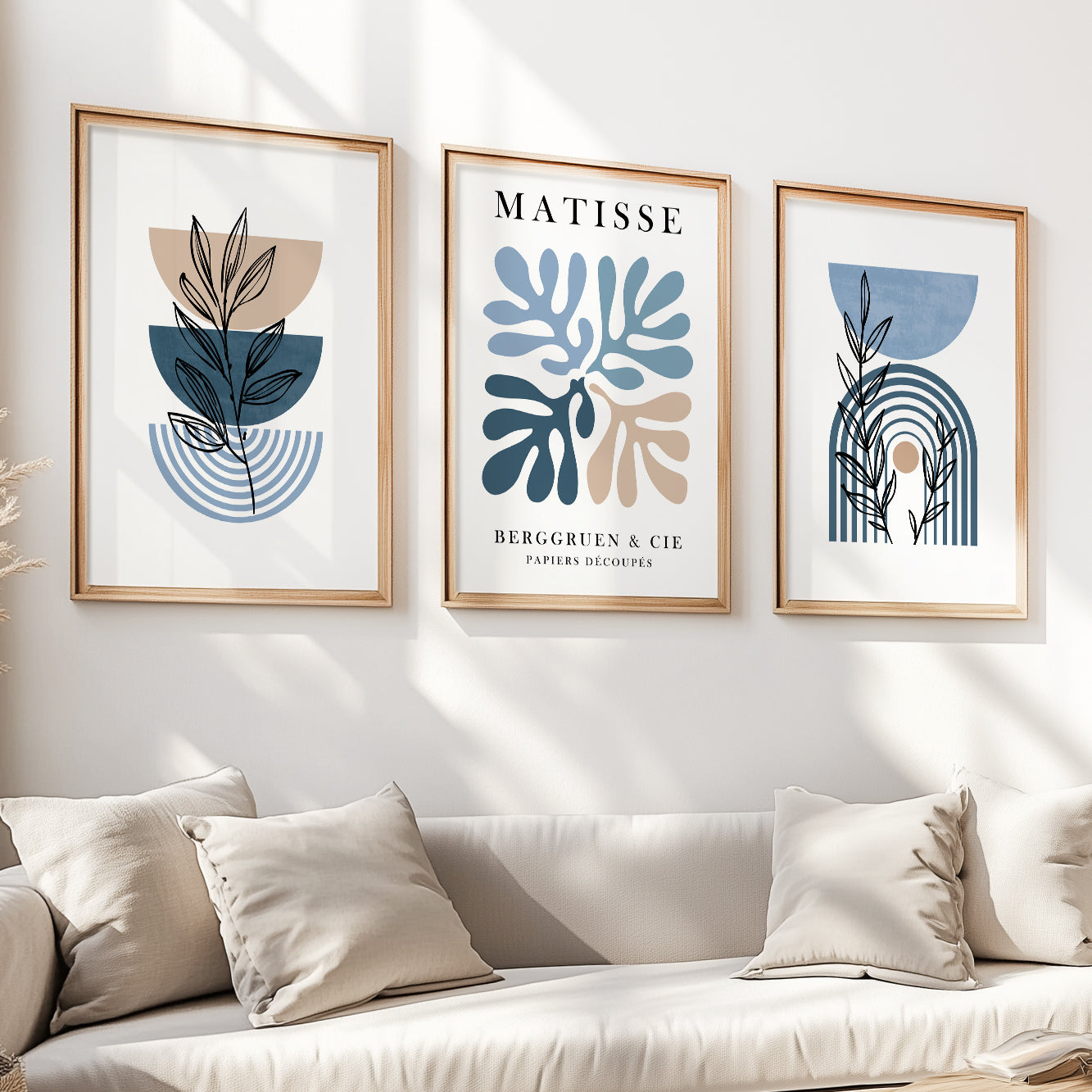 Mid Century Modern Matisse Wall Art Set – 3 Botanical Prints, Neutral Above Bed Art, Large Gallery Set for Bedroom