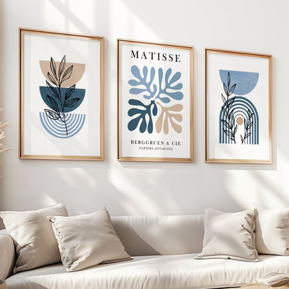 Mid Century Modern Matisse Wall Art Set – 3 Botanical Prints, Neutral Above Bed Art, Large Gallery Set for Bedroom