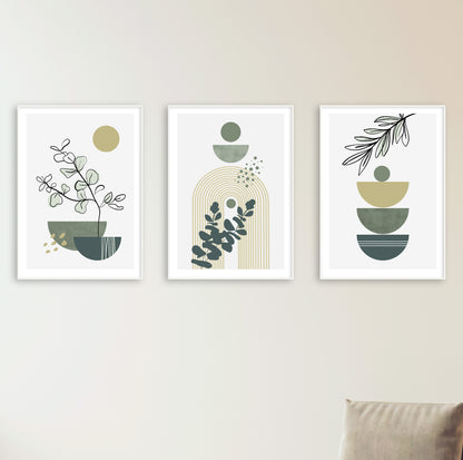 Set of 3 botanical prints combining organic foliage with geometric designs in earthy colors.

