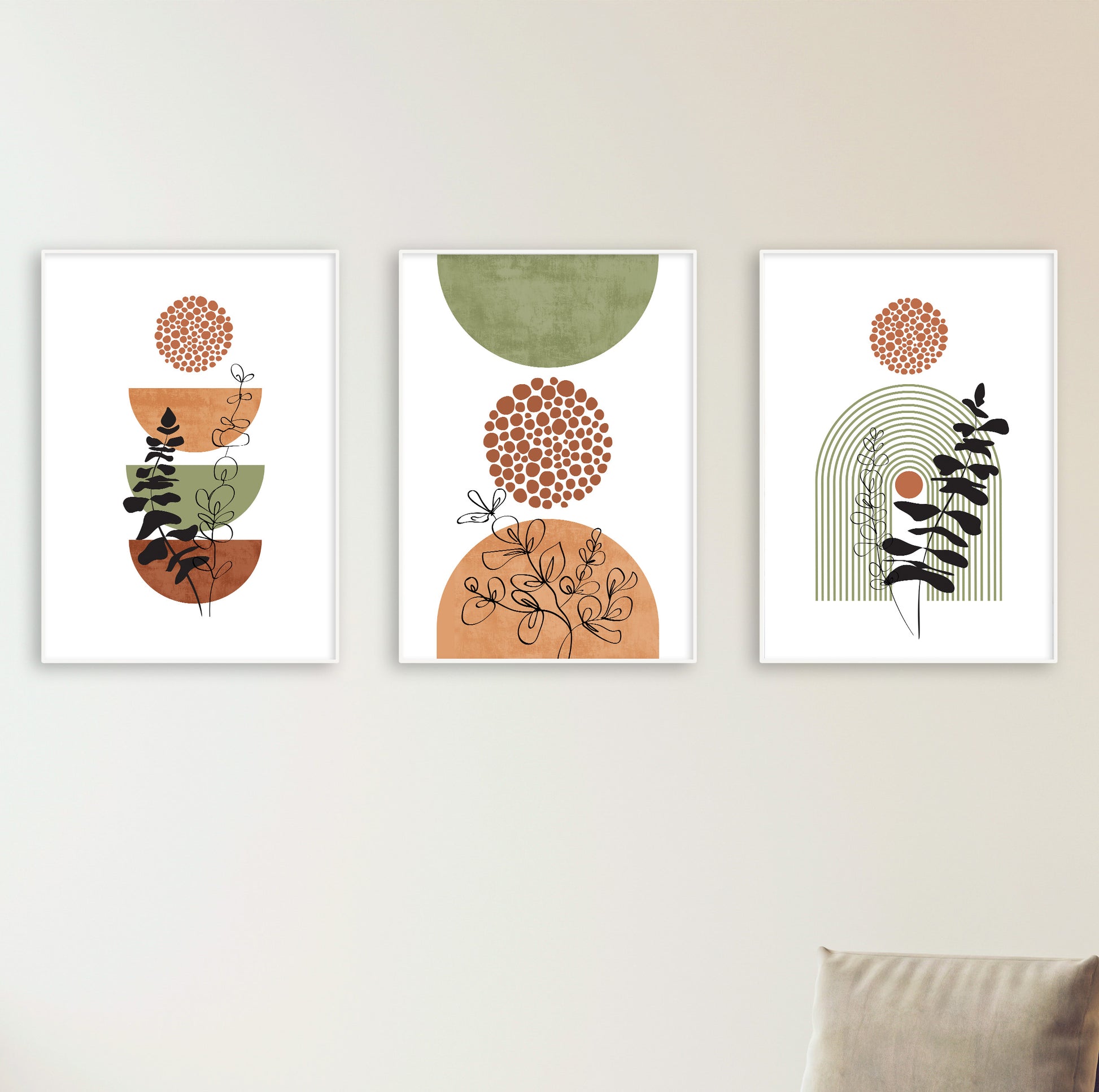 Three-piece modern botanical set with contrasting line and silhouette plants.

