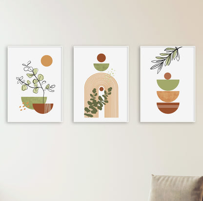 Three-piece poster set combining plant motifs and terracotta geometric elements.


