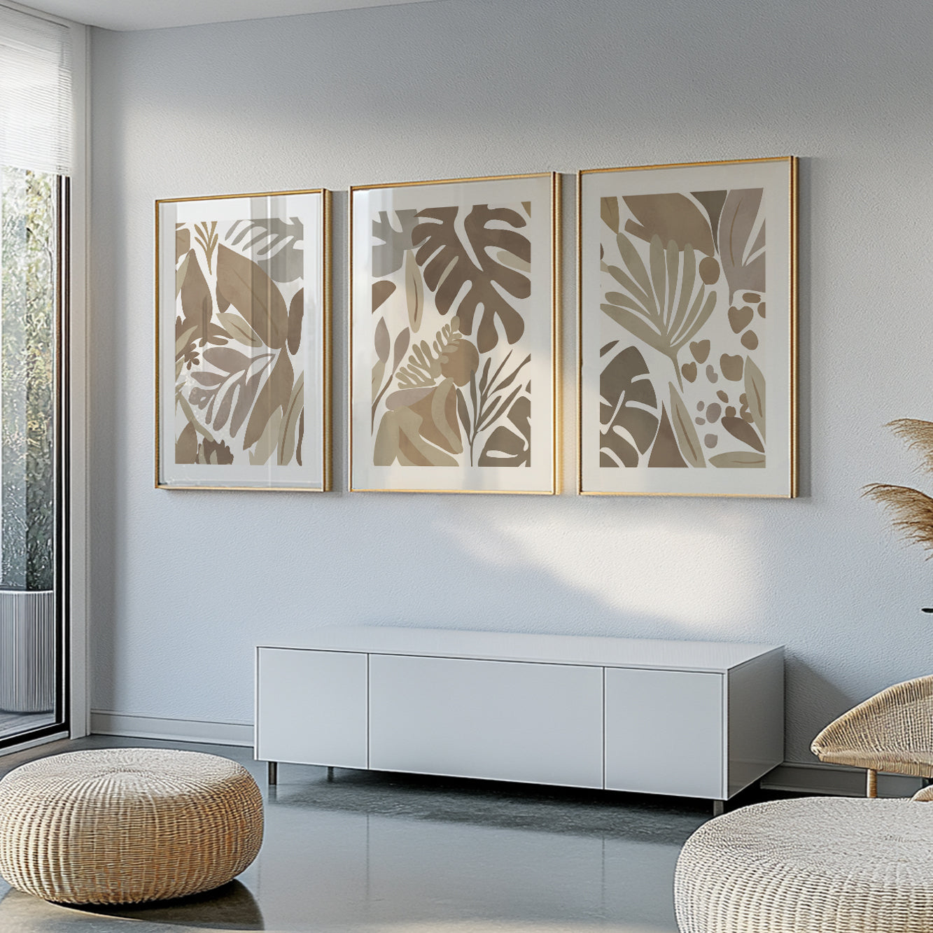 Beige tropical leaves artwork – neutral wall print trio for mid-century or boho bedrooms
