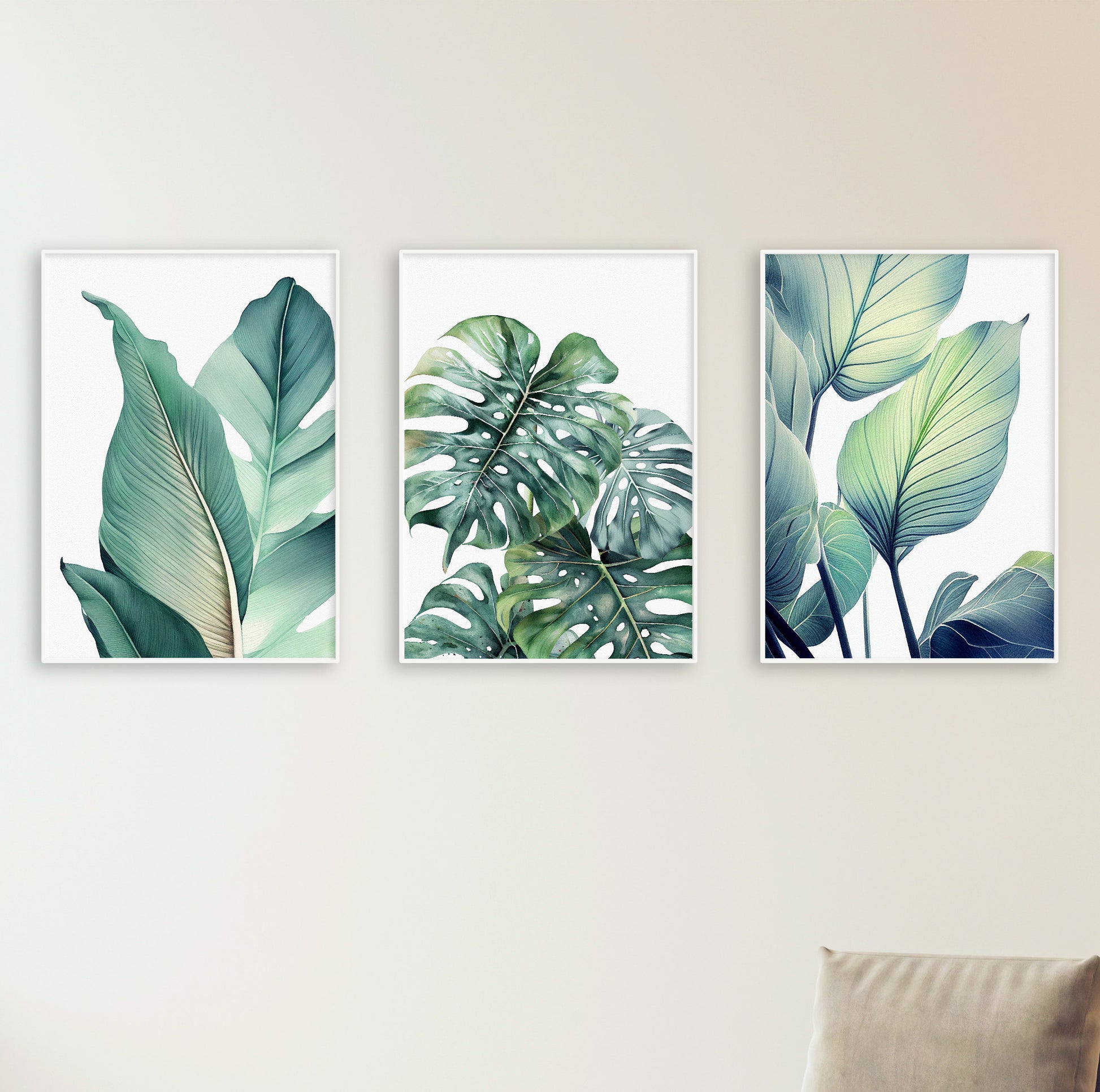 Set of 3 prints featuring banana, monstera, and calathea leaves in vibrant botanical shades.

