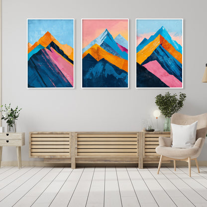Abstract colorful mountain prints set of 3 – vibrant blue and pink nature wall decor
