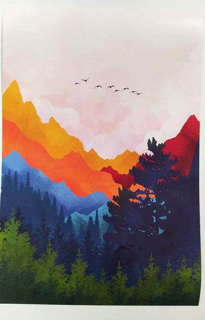 Scandinavian modern painting with bright abstract mountain design.