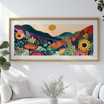 Yayoi Kusama-style abstract landscape with bold floral dots and mountain forms, perfect for adding energy and pattern to minimalist spaces.