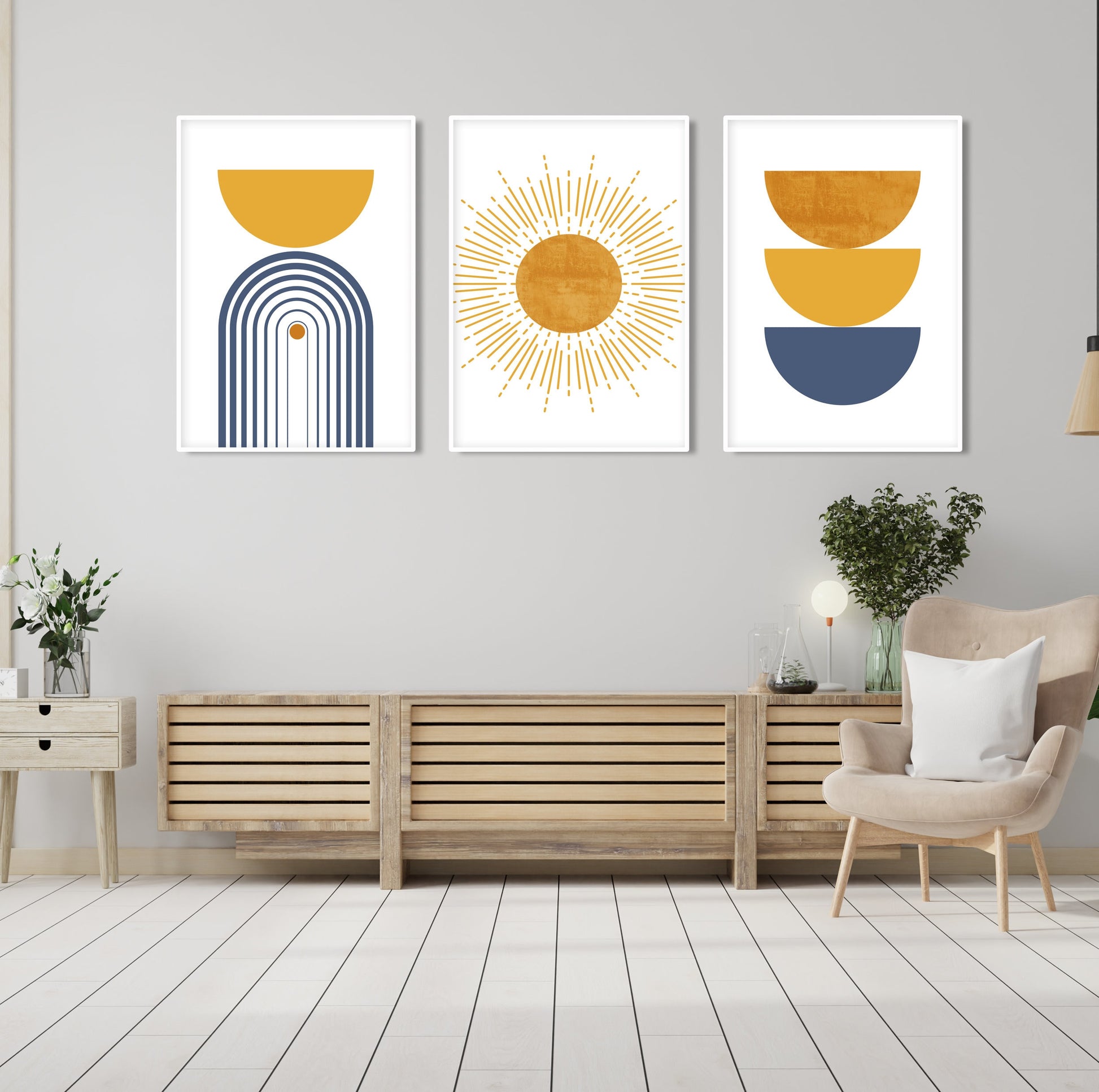 Vibrant mid-century boho prints in blue and mustard, ideal for modern home galleries.