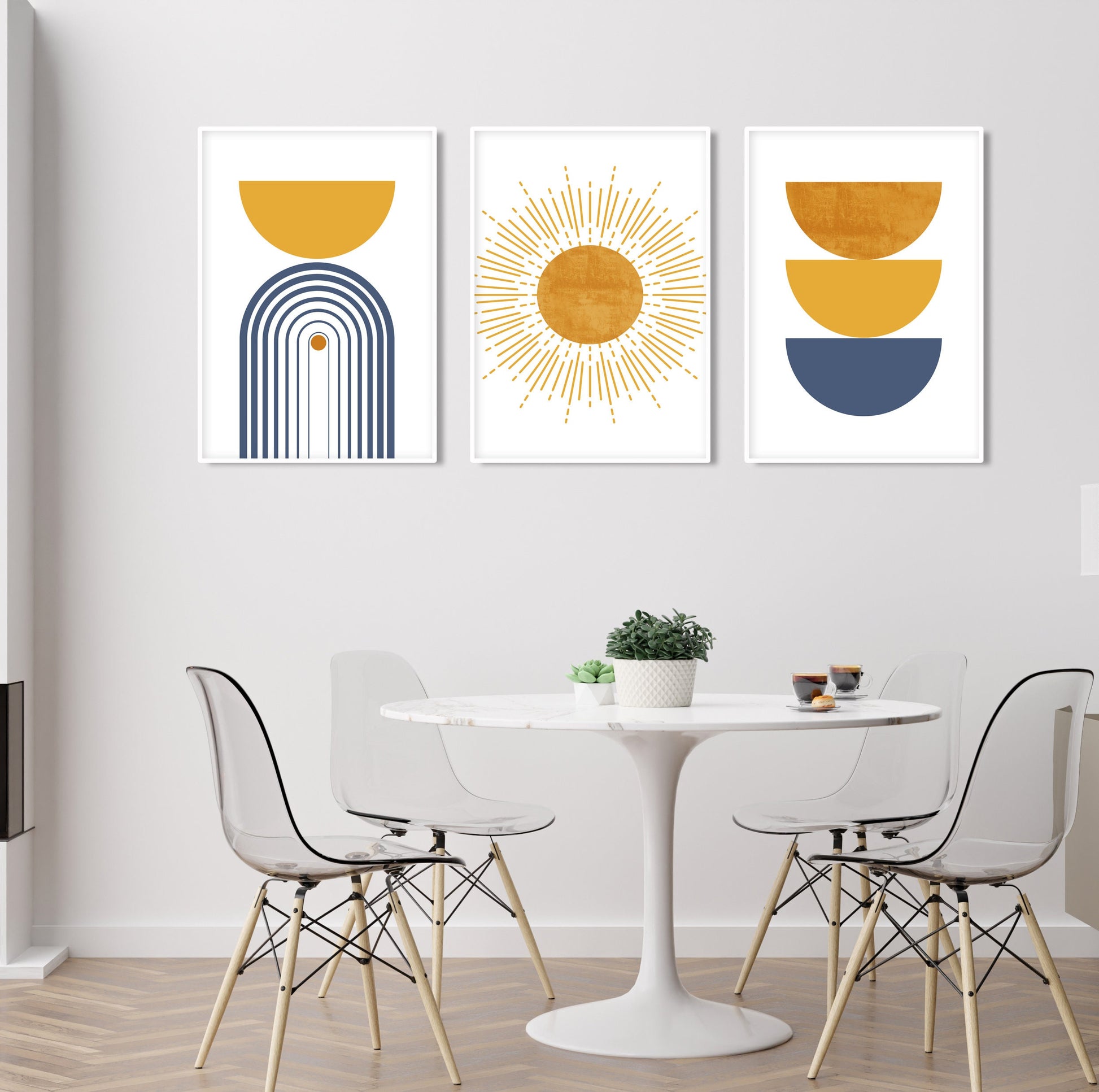 Boho gallery wall set featuring blue and mustard colors in a large three-piece format.