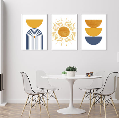 Boho gallery wall set featuring blue and mustard colors in a large three-piece format.
