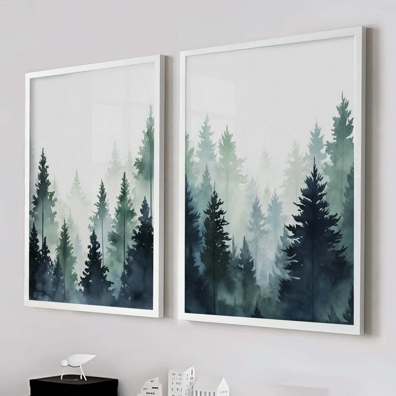Set of 2 colorful mountain and pine tree prints – abstract forest landscape wall art.