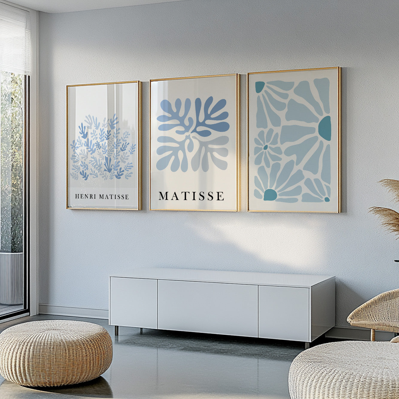 Vintage Blue Matisse Set of 3 Prints – Neutral Minimalist Mid Century Wall Art for Living Room Decor