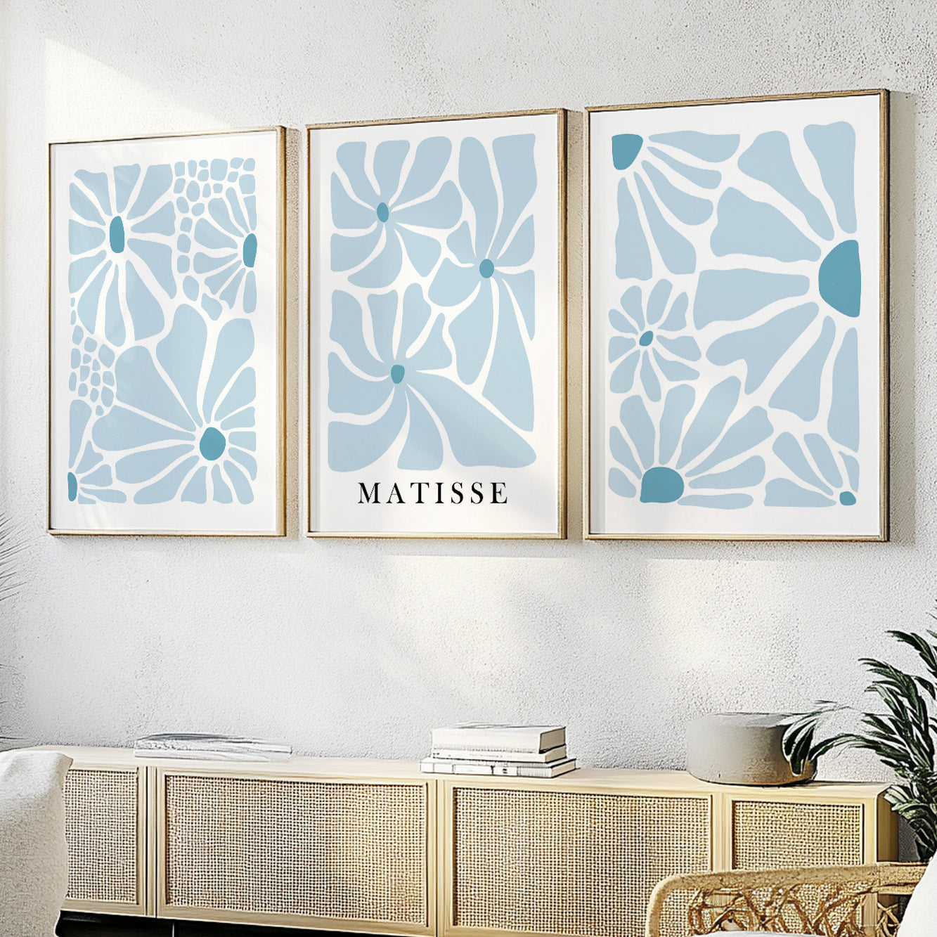 Neutral Blue Matisse Floral Set of 3 Prints – Light Minimalist Mid Century Art, Vintage Bedroom Wall Decor