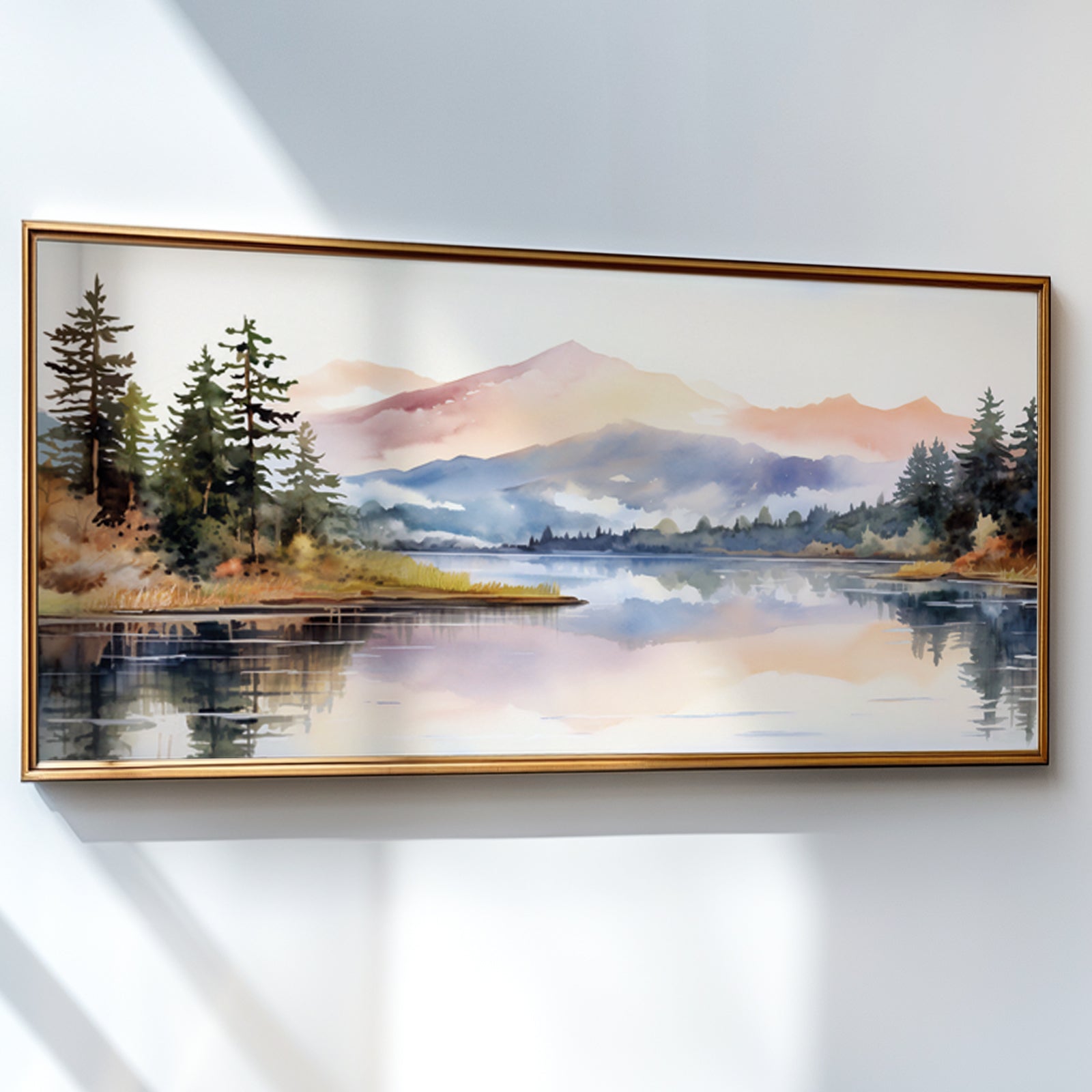 Panoramic watercolor print of a forest lake nestled among pastel-colored mountains, perfect for Japandi or Scandinavian wall decor above a bed or sofa.