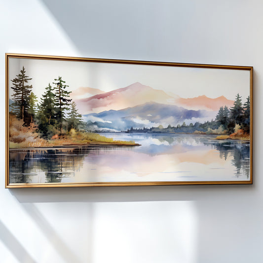 Panoramic watercolor print of a forest lake nestled among pastel-colored mountains, perfect for Japandi or Scandinavian wall decor above a bed or sofa.