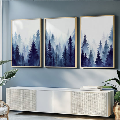 Watercolor mountain wall art triptych with misty pine trees in blue tones.