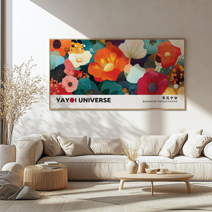 Colorful botanical wall art – narrow wide-format floral print in Kusama-inspired dotted style.