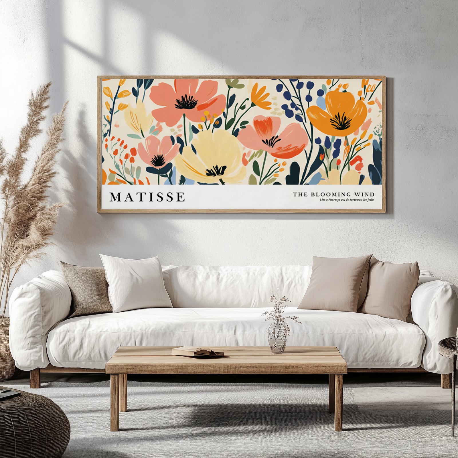 Modern floral wall decor featuring bright wild flowers, Matisse style oversized horizontal poster.