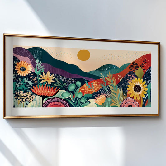 Yayoi Kusama inspired Abstract mountain art, long narrow colorful floral nature wall decor, japandi wall art vibrant panoramic print - Mountain wall art