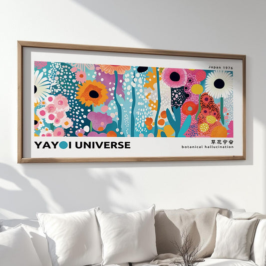 Colorful narrow Japandi wall art – abstract floral landscape inspired by Yayoi Kusama dots.